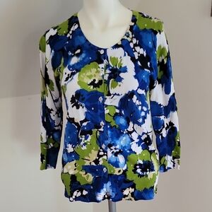 Josephine Studio 3/4 Sleeve  Floral Cardigan In Green Blue White Black, Size S
